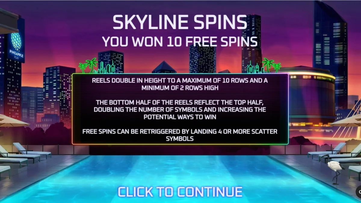 Tampilan neon mewah dari slot Midnight Mirage dengan latar belakang pemandangan kota malam hari.